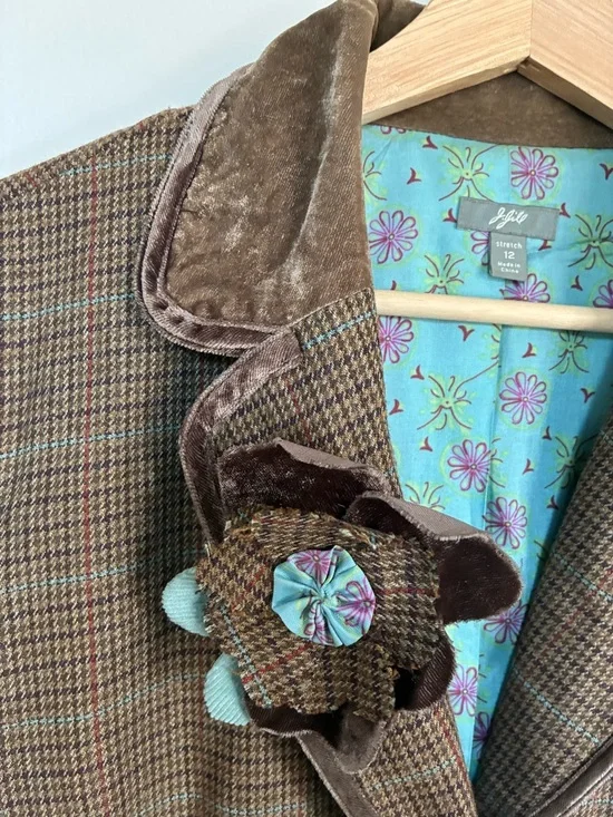 J Jill Blazer Jacket 12 Houndstooth Wool Blend Velvet Trim Boho Flower Child Y2K - Picture 9 of 15